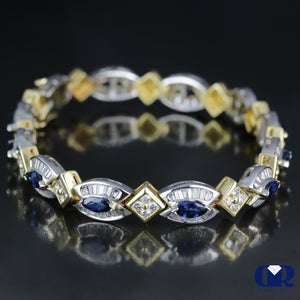Women's 8.03 Carat Diamond & Sapphire Tennis Bracelet In 14K White & Yellow Gold - Diamond Rise Jewelry