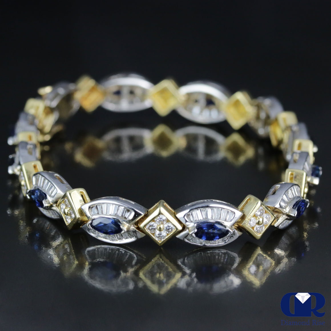 Women's 8.03 Carat Diamond & Sapphire Tennis Bracelet In 14K White & Yellow Gold - Diamond Rise Jewelry