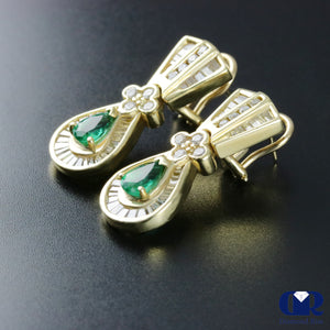 Pear Shaped Emerald & Diamond Earrings In 14K Yellow Gold With Omega Back - Diamond Rise Jewelry