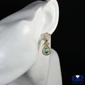 Pear Shaped Emerald & Diamond Earrings In 14K Yellow Gold With Omega Back - Diamond Rise Jewelry