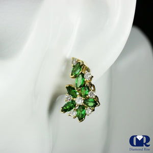 Diamond & Tsavorite Earrings In 14K Yellow Gold With Omega Back - Diamond Rise Jewelry