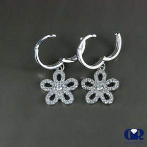 Diamond Flower Shaped Drop Hoop Earrings In 14K Gold - Diamond Rise Jewelry