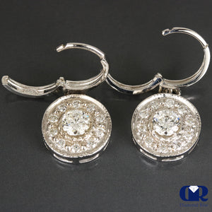 Natural 1.50 Carat Diamond Hoop Drop Earrings 14K White Gold