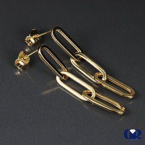 14K Yellow Gold Paperclip 3 Link Chain Dangle Drop Earrings 1 3/8"