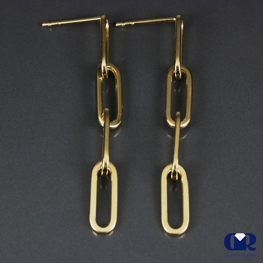 14K Yellow Gold Paperclip 4 Link Chain Dangle Drop Earrings 1 3/4"
