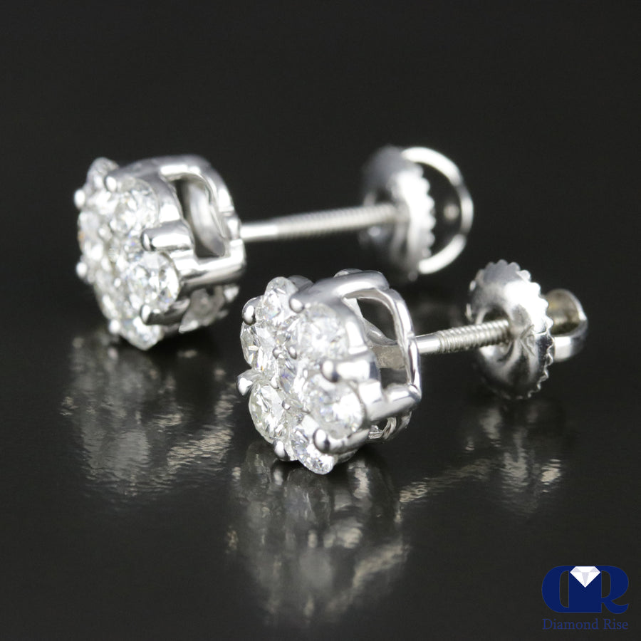 1.20 Carat Round Natural Diamond Cluster Stud Earrings In 14K White Gold - Diamond Rise Jewelry