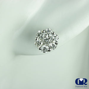 1.20 Carat Round Natural Diamond Cluster Stud Earrings In 14K White Gold - Diamond Rise Jewelry