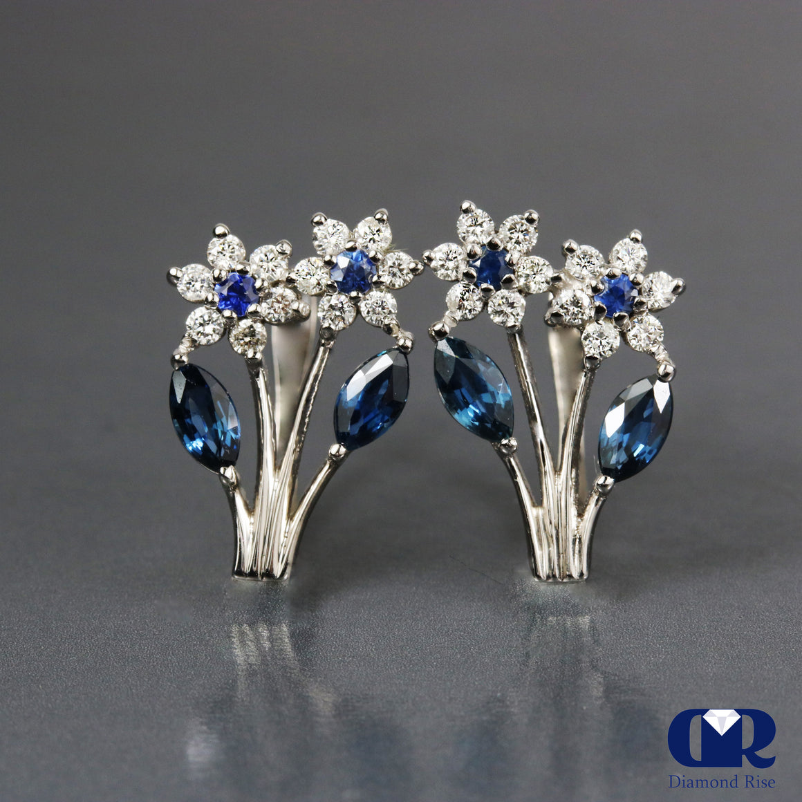 0.98 Carat Diamond & Sapphire floral Style Earrings With Lever back 14K Gold - Diamond Rise Jewelry
