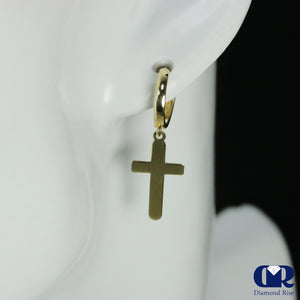 14K Yellow Gold Huggie Hoop Cross Drop Earrings - Diamond Rise Jewelry