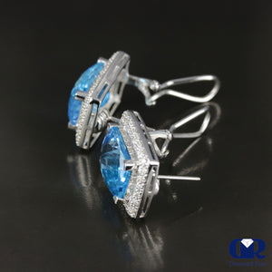 Cushion Cut Blue Topaz & Diamond Earrings In 14K Gold With Omega Back - Diamond Rise Jewelry