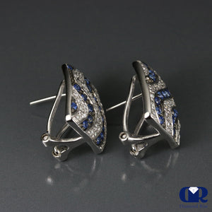 1.45 Ct Diamond & Sapphire Earrings In 14K White Gold With Omega Back - Diamond Rise Jewelry