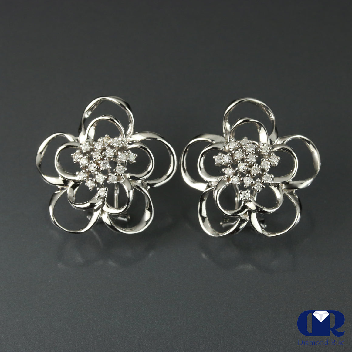 Diamond Floral Style Earrings In 14K White With Lever Back - Diamond Rise Jewelry
