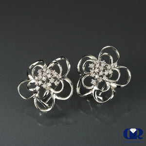 Diamond Floral Style Earrings In 14K White With Lever Back - Diamond Rise Jewelry