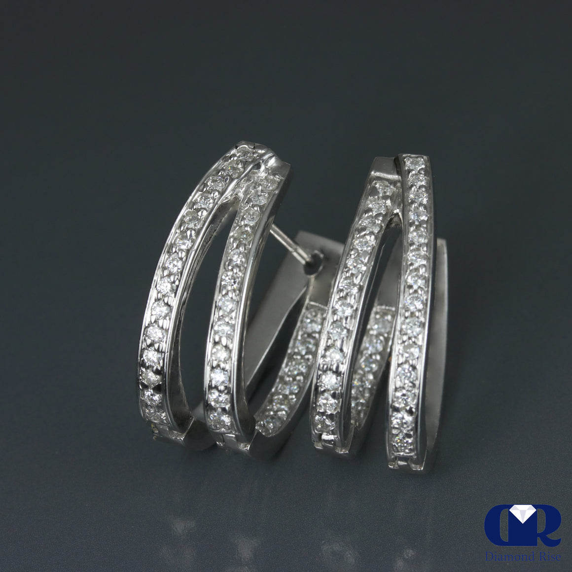 Women's Round Cut Diamond Double Row Inside-Out Hoop Earrings In 14K White Gold - Diamond Rise Jewelry