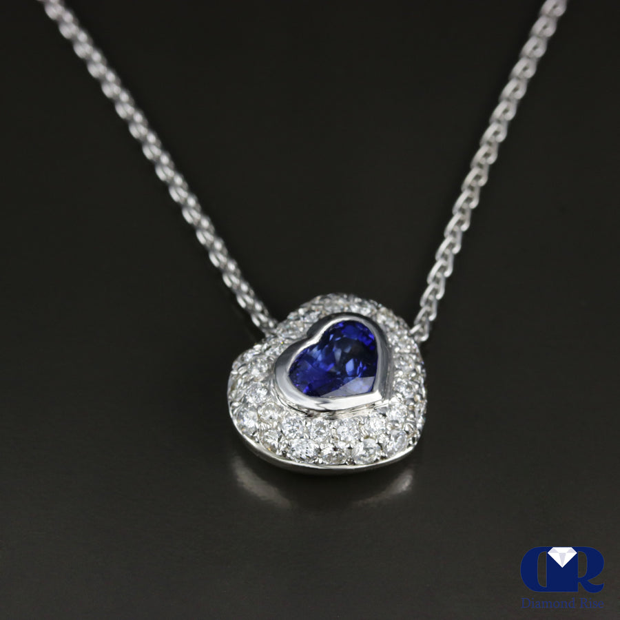 Heart Shaped Sapphire & Diamond Pendant Necklace In 14K White Gold - Diamond Rise Jewelry