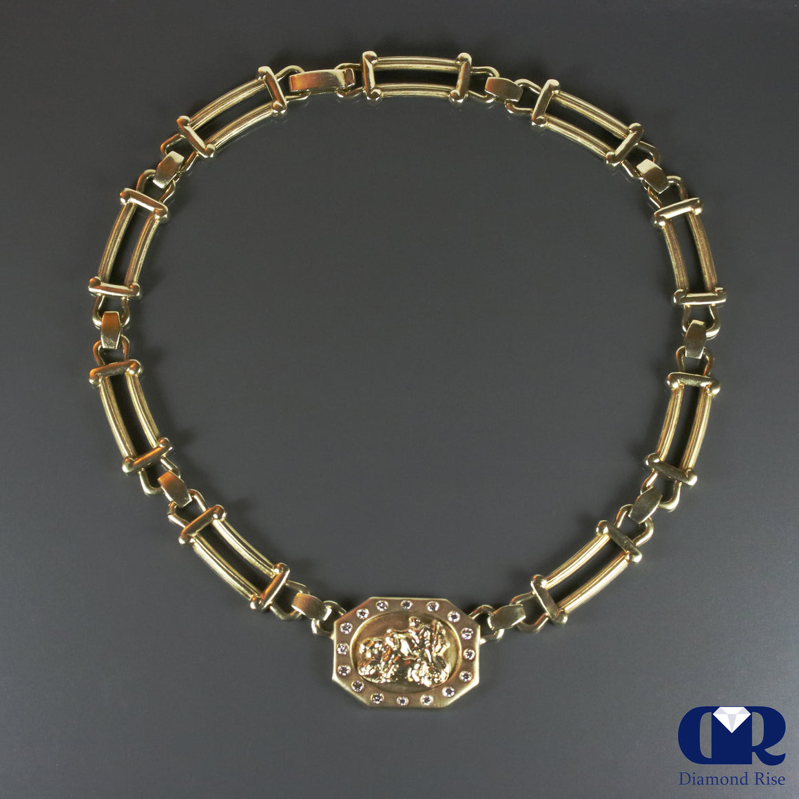 Diamond Roman Coin Style Heavy Necklace In 14K Gold 17" - Diamond Rise Jewelry