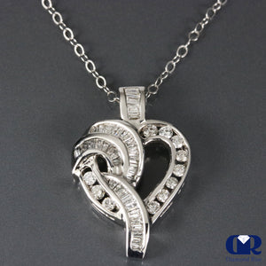 Natural Diamond Round & Baguette Heart Shaped Pendant Necklace 14KWG With Chain