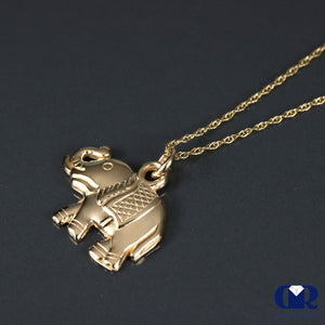 Solid 14K Yellow Gold Elephant Pendant Necklace With 16" Chain