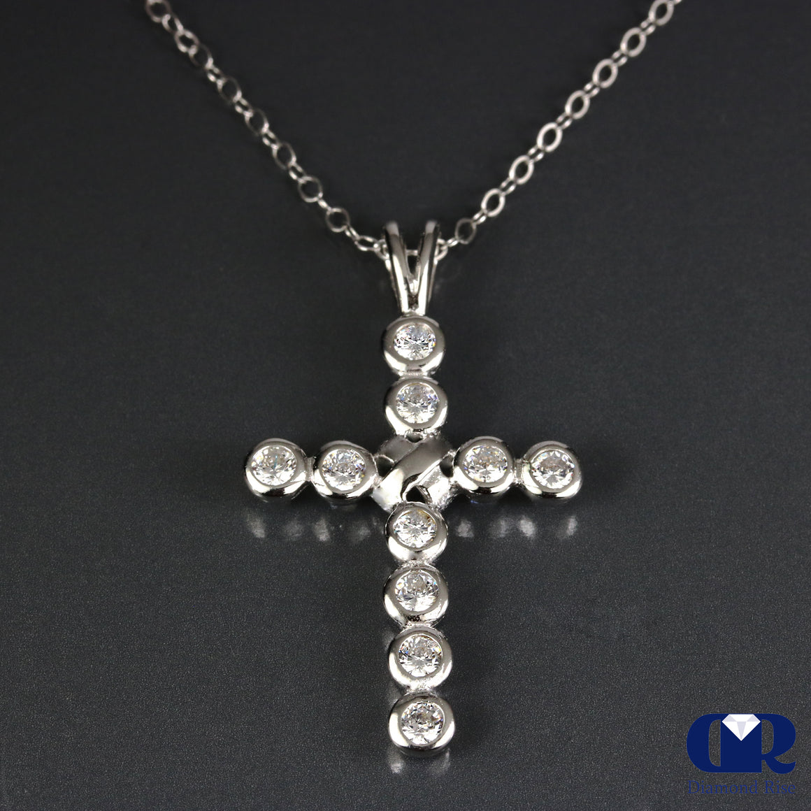 Natural 1.00 Ct Round Cut Diamond Cross Pendant Necklace 14K White Gold W/Chain