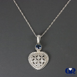 Heart Shaped Diamond & Sapphire Pendant Necklace 14K White Gold W/Chain