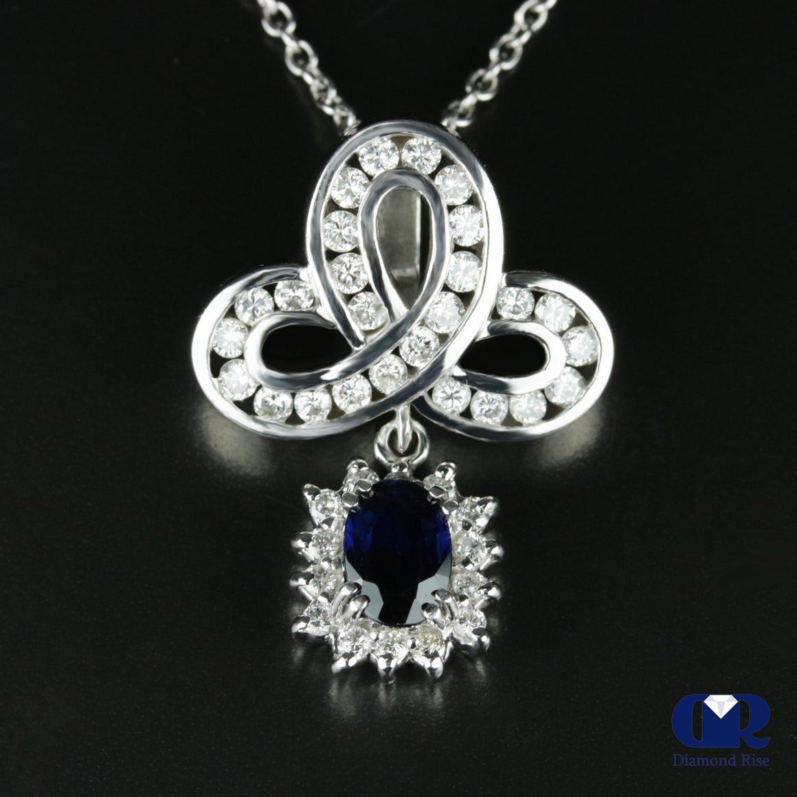 Women's Vintage Oval Sapphire & Diamond Slide Pendant Necklace In 14K White Gold - Diamond Rise Jewelry