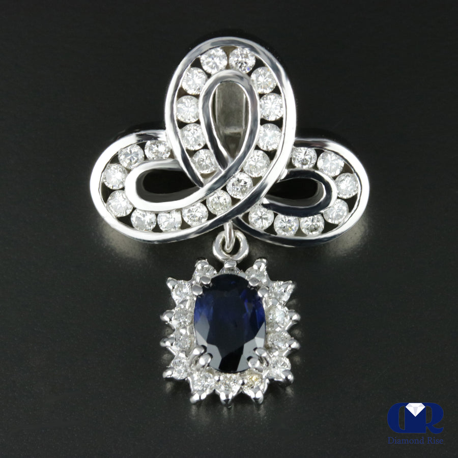 Women's Vintage Oval Sapphire & Diamond Slide Pendant Necklace In 14K White Gold - Diamond Rise Jewelry