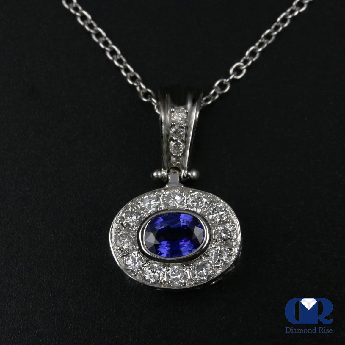 1.12 Carat Sapphire & Round Diamond Pendant Necklace 14K White Gold 16" Chain - Diamond Rise Jewelry