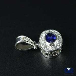 1.12 Carat Sapphire & Round Diamond Pendant Necklace 14K White Gold 16" Chain - Diamond Rise Jewelry