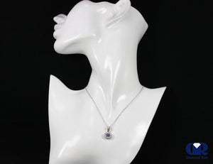 1.12 Carat Sapphire & Round Diamond Pendant Necklace 14K White Gold 16" Chain - Diamond Rise Jewelry