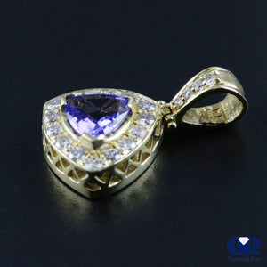 Natural Trillion Tanzanite & Round Diamond Pendant Necklace In 14K Yellow Gold - Diamond Rise Jewelry