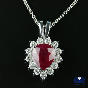 Women's Pear Shaped Ruby & Diamond Pendant Necklace In 14K White Gold - Diamond Rise Jewelry