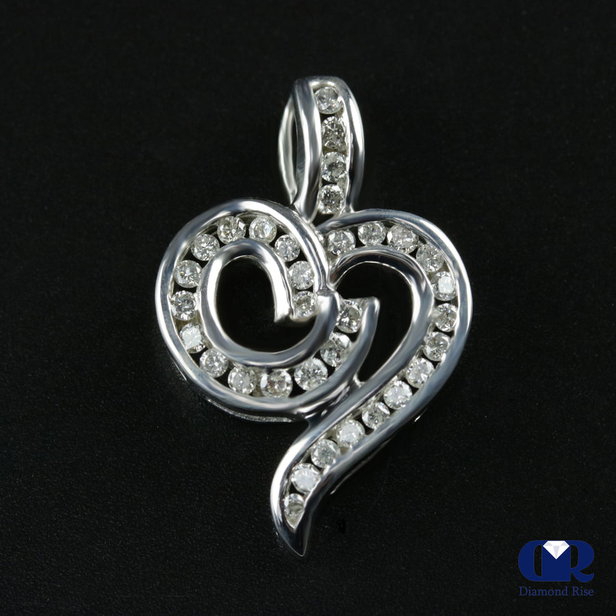 Women's Round Cut Diamond Heart Pendant Necklace 14K White Gold With 16" Chain - Diamond Rise Jewelry
