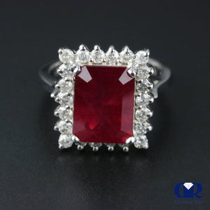 Women's Emerald Cut Ruby & Diamond Cocktail Ring & Right Hand Ring In 14K White Gold - Diamond Rise Jewelry