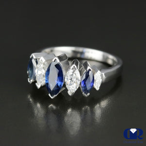 Women's Marquise Diamond & Sapphire Wedding Anniversary Ring In 14K White Gold - Diamond Rise Jewelry