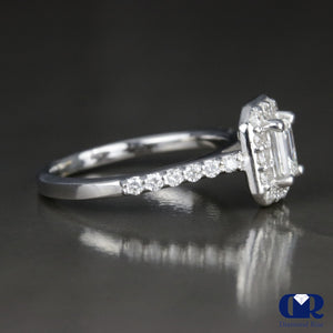 0.85 Carat Emerald Cut Diamond Halo Engagement Ring In 14K White Gold - Diamond Rise Jewelry