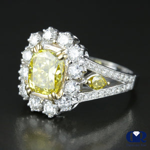 3.55 Carat Radiant Cut Vivid Yellow Diamond Halo Engagement Ring In 14K White Gold - Diamond Rise Jewelry