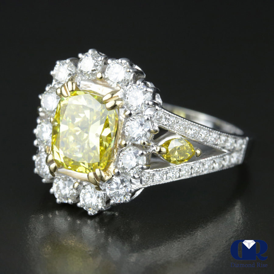 3.55 Carat Radiant Cut Vivid Yellow Diamond Halo Engagement Ring In 14K White Gold - Diamond Rise Jewelry