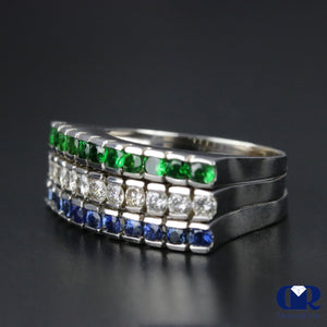 Women's Diamond Emerald & Sapphire Right Hand Ring & Cocktail Ring In 14K White Gold - Diamond Rise Jewelry