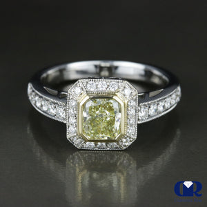 1.35 Carat Fancy Yellow Radiant Cut Diamond Halo Engagement Ring In 18K White Gold - Diamond Rise Jewelry