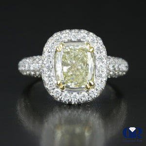 2.88 Carat Fancy Yellow Cushion Cut Diamond Double Halo Engagement Ring In 14K White Gold - Diamond Rise Jewelry