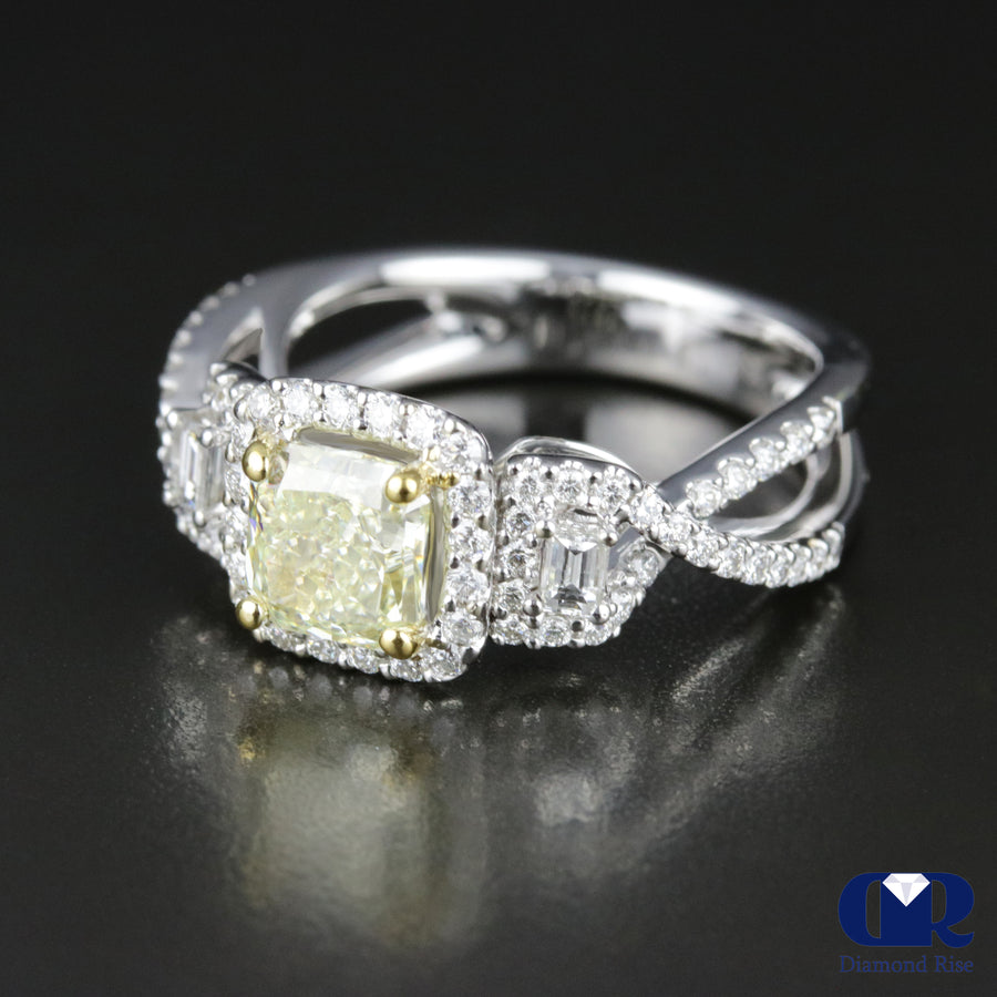 2.08 Carat Cushion Cut Fancy Yellow Diamond Halo Twisted Engagement Ring 18K White Gold - Diamond Rise Jewelry