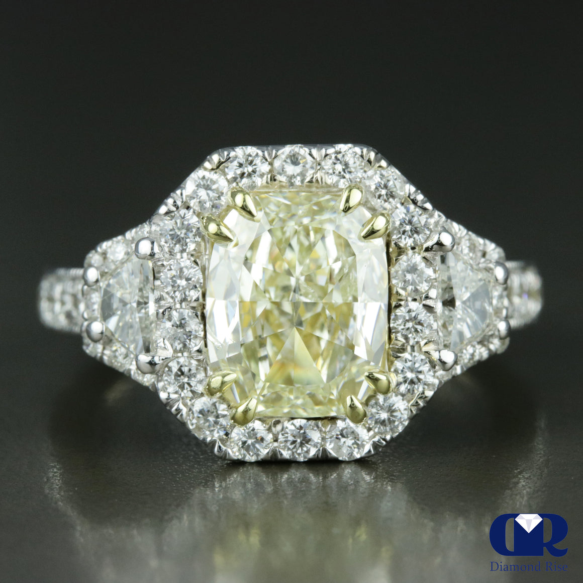 3.22 Carat Fancy Yellow Radiant Cut Halo Engagement Ring In 18K White Gold - Diamond Rise Jewelry