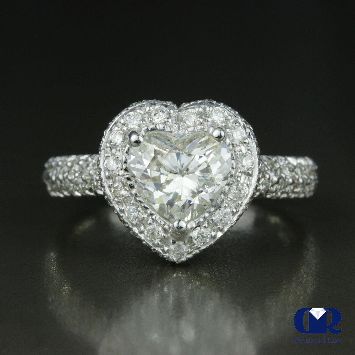 1.77 Carat Heart Shaped Diamond Halo Engagement Ring In 18K White Gold - Diamond Rise Jewelry