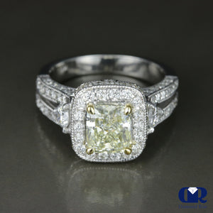 3.82 Carat Cushion Cut Fancy Yellow Halo Engagement Ring In 14K White Gold - Diamond Rise Jewelry