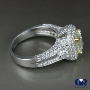 3.82 Carat Cushion Cut Fancy Yellow Halo Engagement Ring In 14K White Gold - Diamond Rise Jewelry