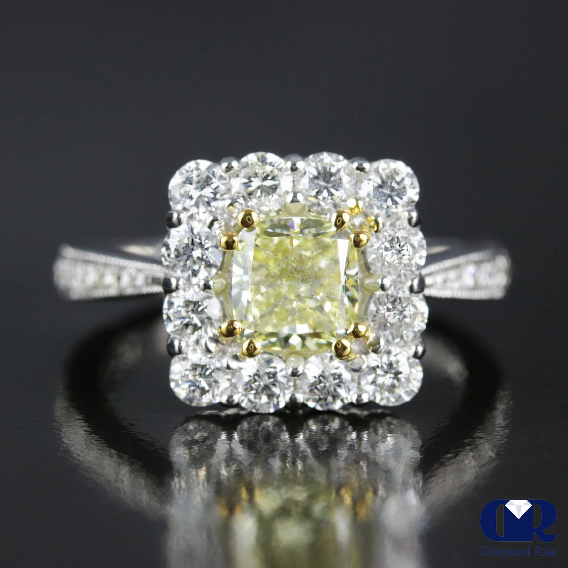 2.33 Carat Fancy Yellow Radiant Cut Diamond Halo Engagement Ring In 14K White Gold - Diamond Rise Jewelry