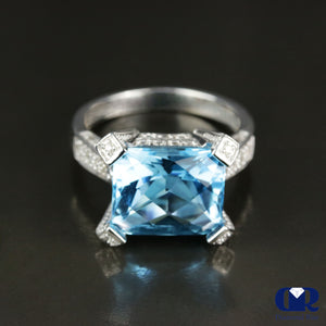 Cushion Cut Blue Topaz & Diamond Cocktail & Right Hand Ring In 14K Gold - Diamond Rise Jewelry