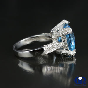 Cushion Cut Blue Topaz & Diamond Cocktail & Right Hand Ring In 14K Gold - Diamond Rise Jewelry