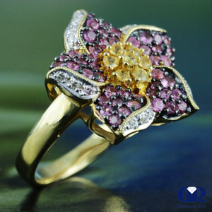 Women's Diamond & Sapphire Flower Style Right Hand Ring Cocktail Ring In 18K Yellow Gold - Diamond Rise Jewelry