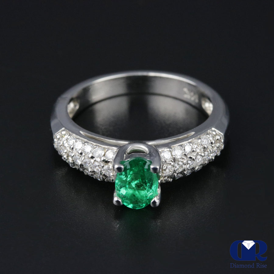 Natural 1.10 Ct Emerald & Diamond Ring Engagement 14K White Gold - Diamond Rise Jewelry